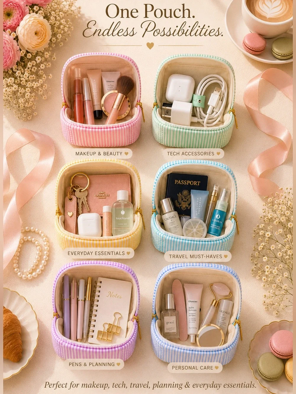 Pastel Seersucker Organizer Pouch | Makeup Bag | Travel Case | Purse Organizer